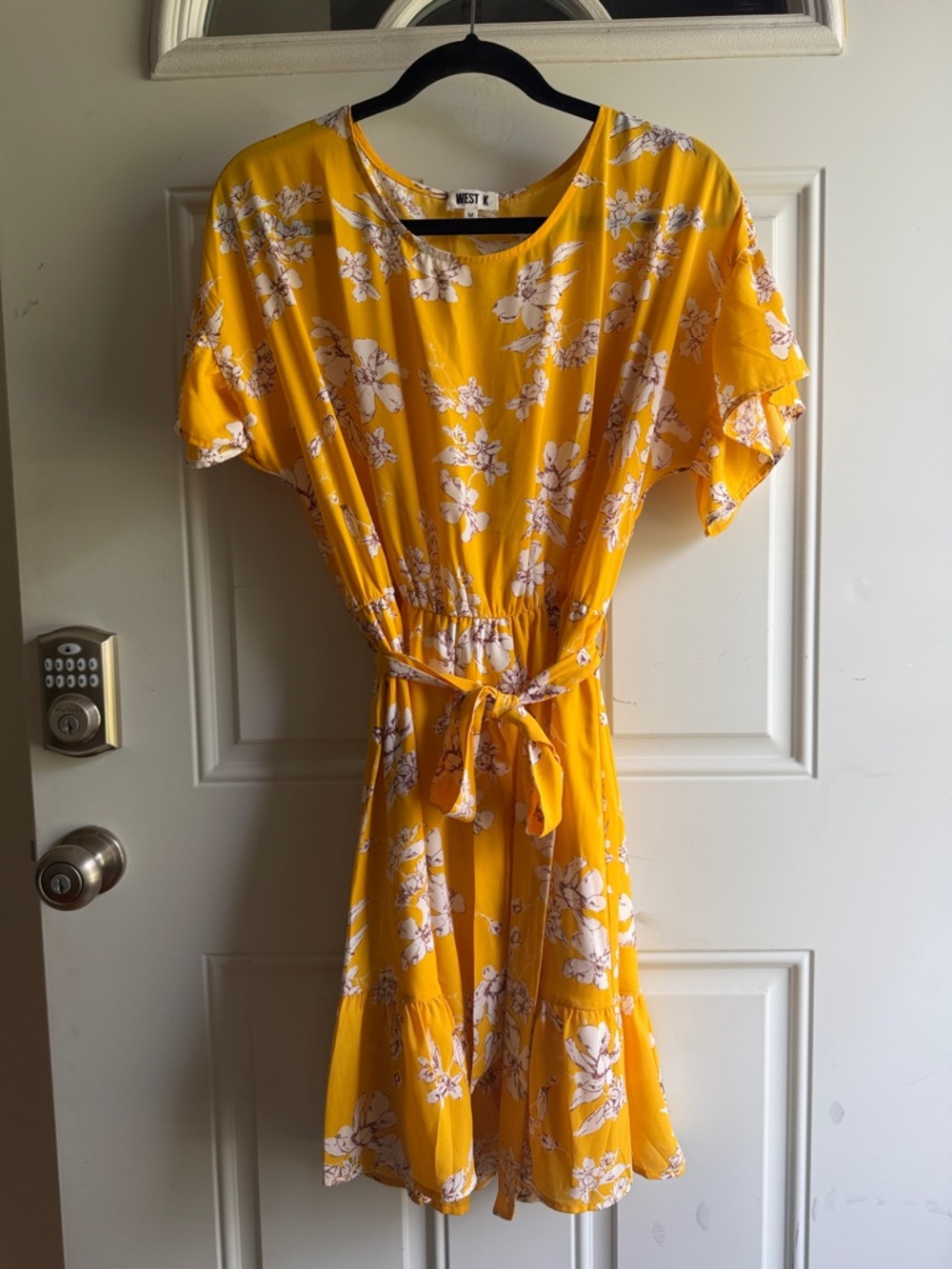 West K Valeria Ruffle Yellow Floral Tie-Waist Dress, medium.